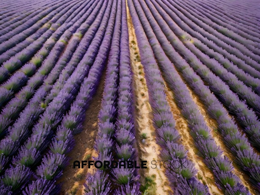 A field of lavender with a dirt path in the middle