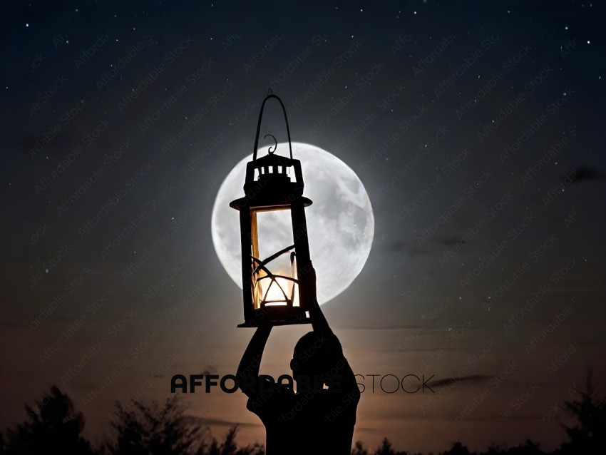 A person holding a lantern in front of the moon