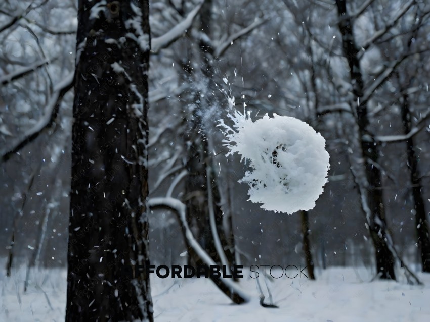 Snowflake in flight in a snowy forest