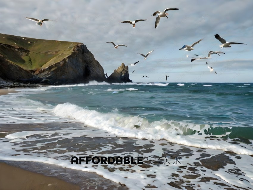 A group of seagulls flying over a rocky coastline