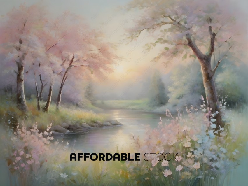 A beautiful painting of a river with trees and flowers