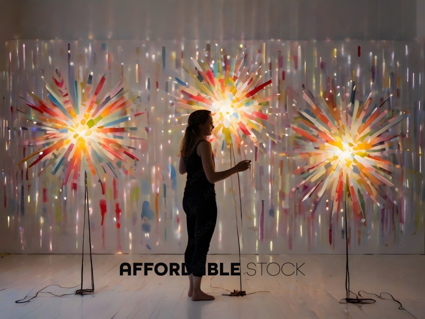 A woman standing in front of a wall of lights