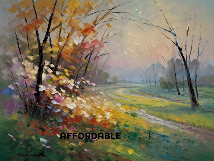 A painting of a forest with a path and flowers