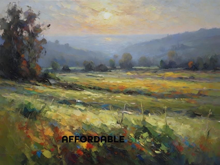 Painting of a field with a sunset