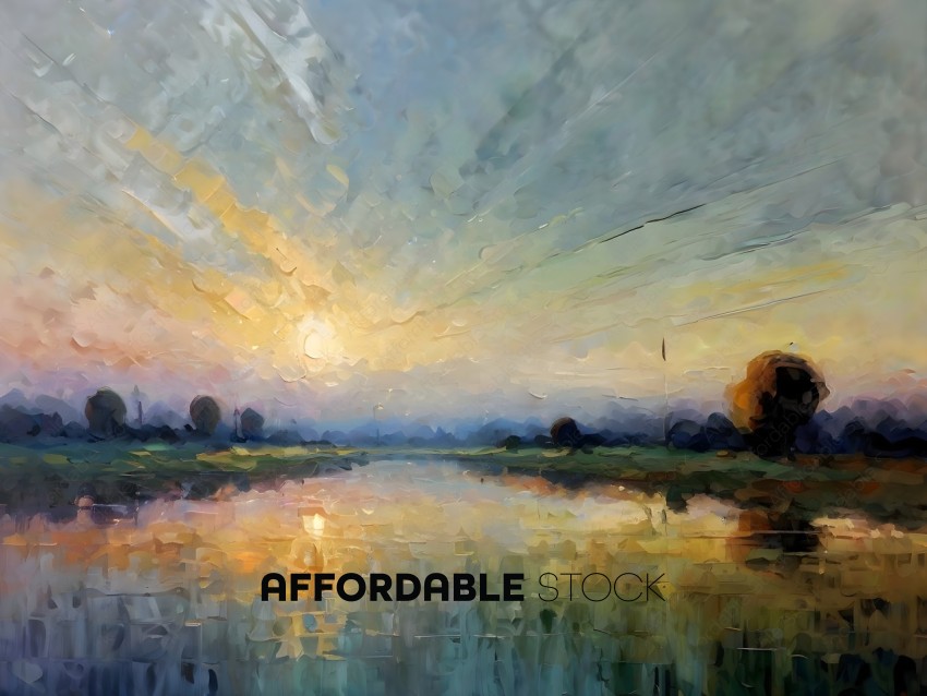 A beautiful painting of a lake at sunset