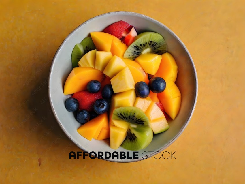 A bowl of mixed fruit with kiwi, blueberries, and mango