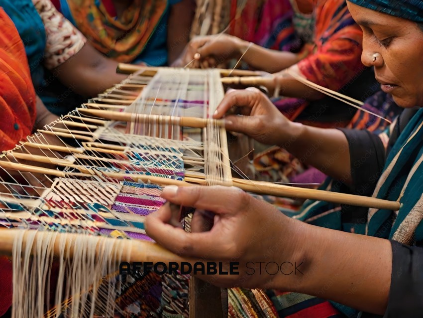 A group of people weaving a colorful cloth