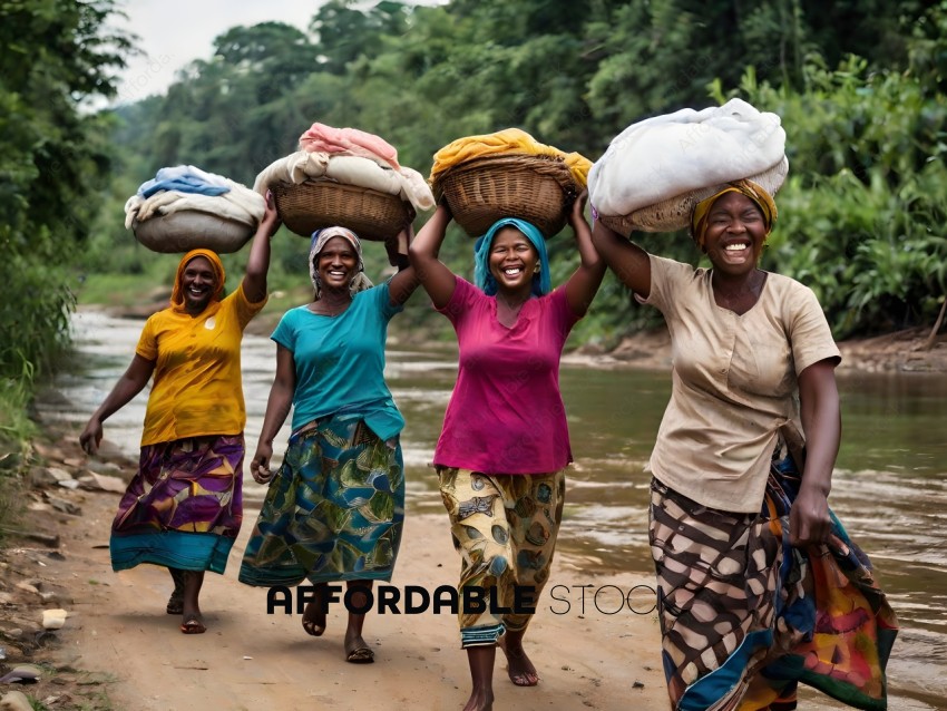Four African women carrying baskets on their heads