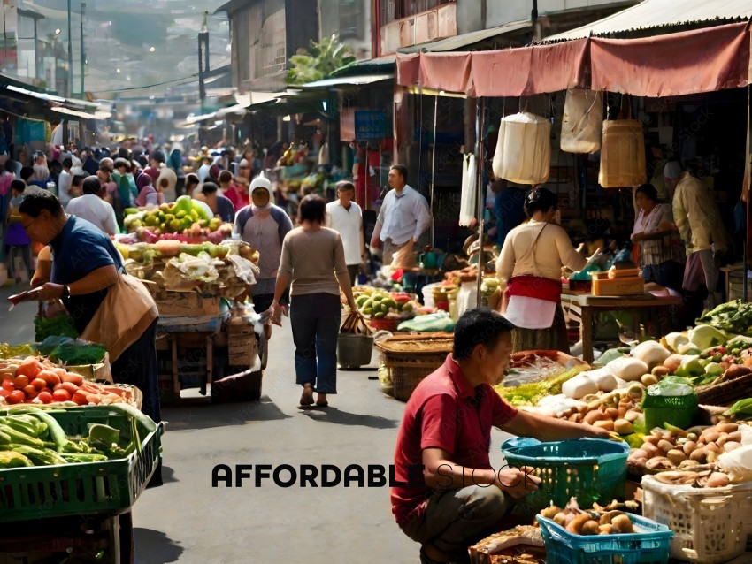 A busy market with people shopping for vegetables