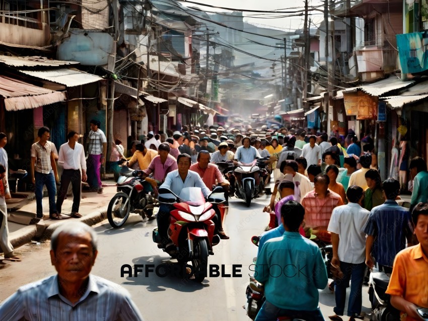 Crowded street with many people on motorcycles