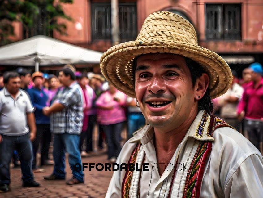 Man wearing a straw hat and a colorful shirt