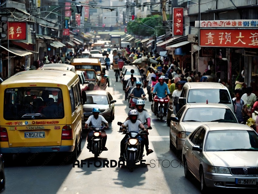 Bustling city street with motorcycles and cars