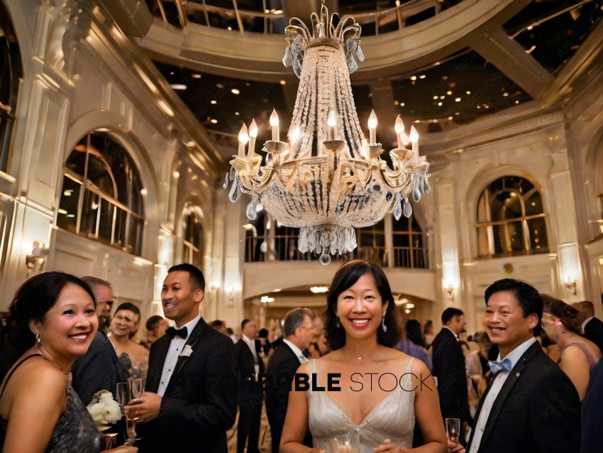 A group of people dressed in formal wear are standing in a large room with a chandelier