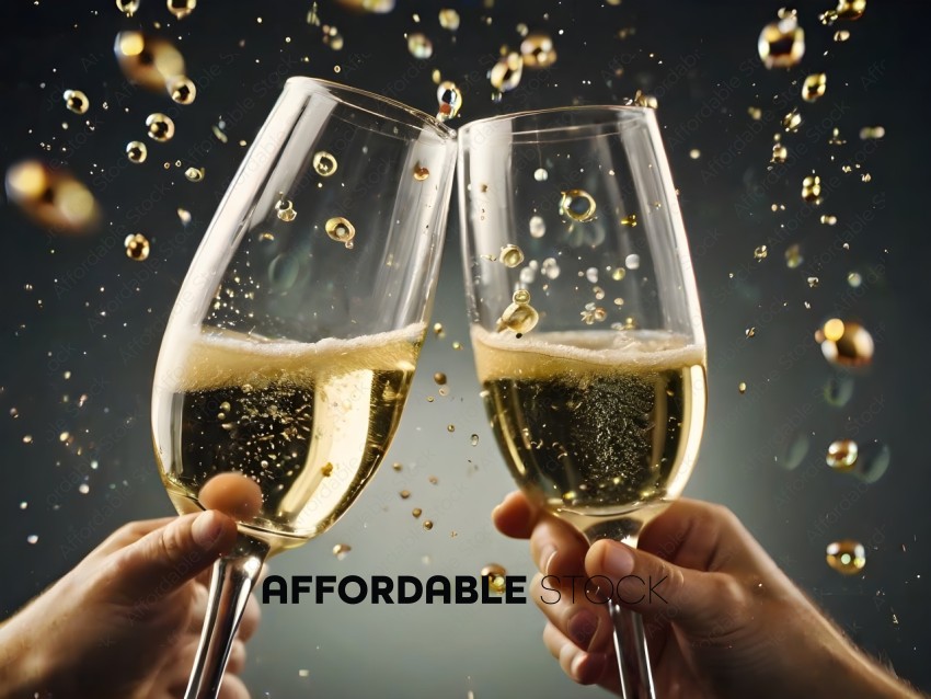 Two hands holding champagne glasses with bubbles