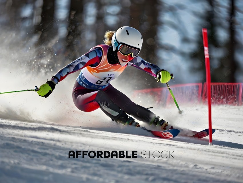 Skier in a competition with a red flag in the background