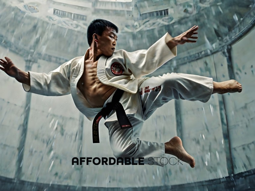A man in a karate uniform is jumping in the air