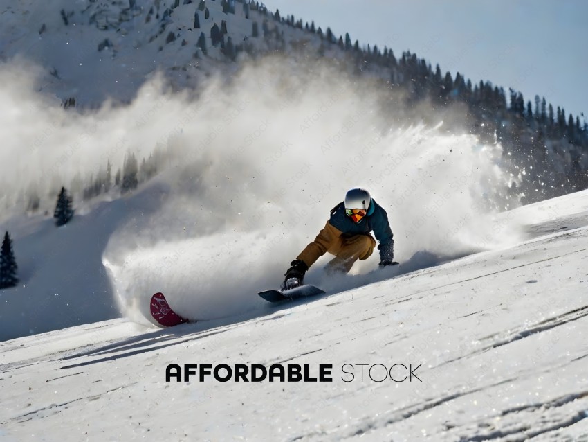 Snowboarder in Blue Jacket and Helmet Riding Down a Snowy Slope