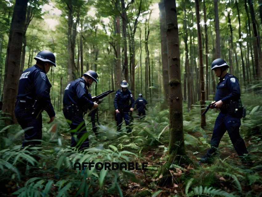 Police officers in the woods with guns