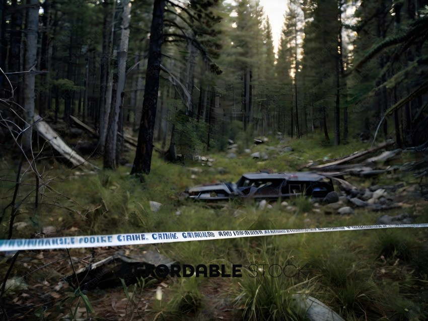 A police tape cordons off a crime scene in the woods
