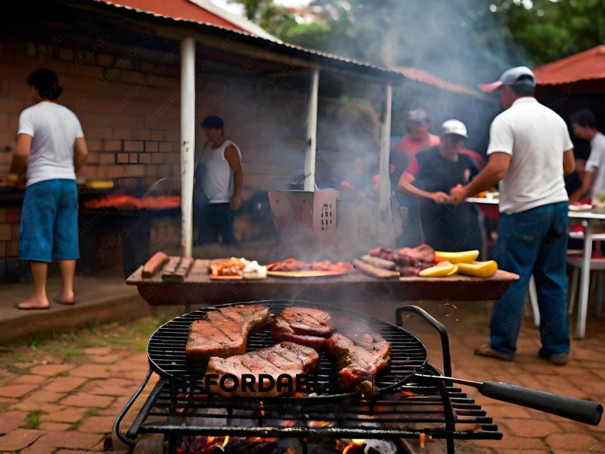 People cooking meat on a grill