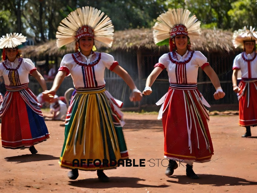 Two women in colorful dresses and headpieces dance