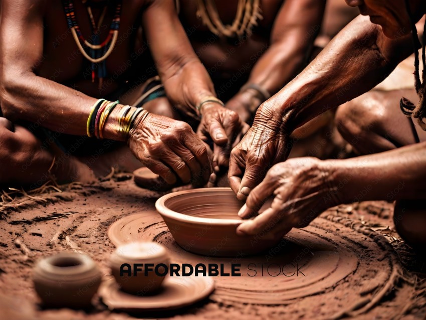 People working on pottery in a village
