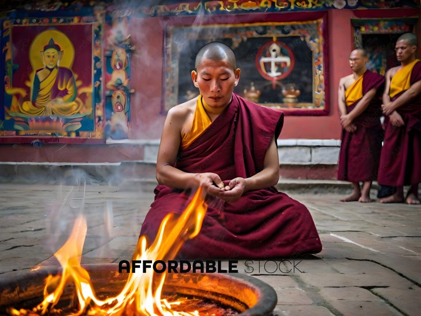 A Buddhist monk sitting in front of a fire