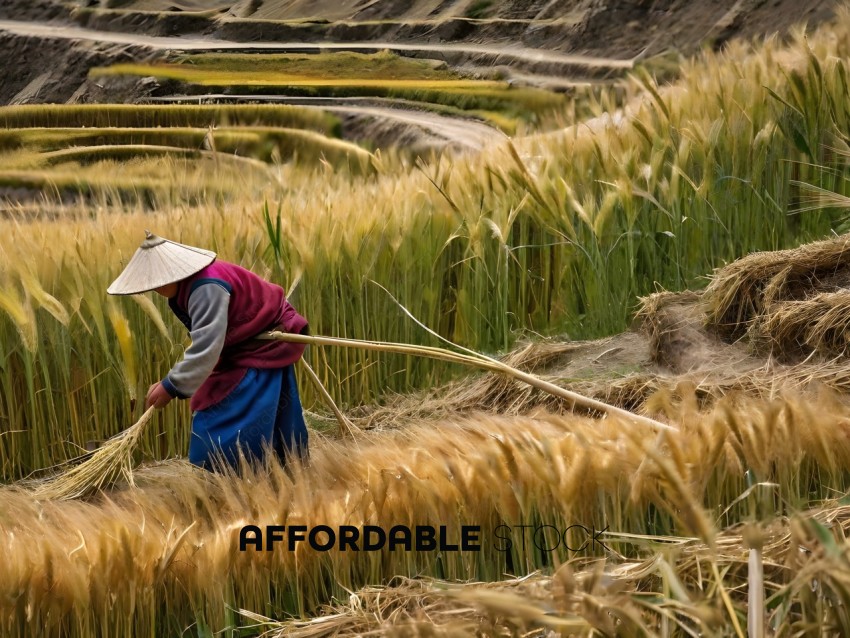 A man wearing a conical hat is harvesting rice