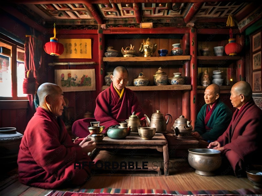 Three Buddhist monks sitting in a room with tea and tea pots
