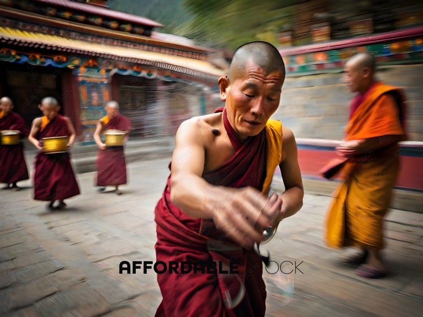 A monk in a red robe is spinning a wheel