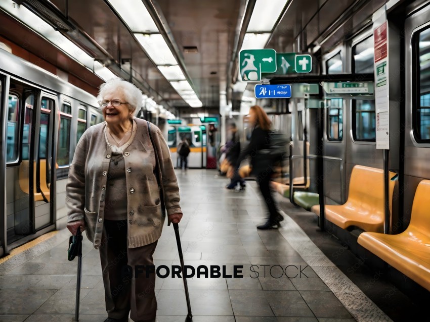 Elderly Woman with Cane in Subway Station