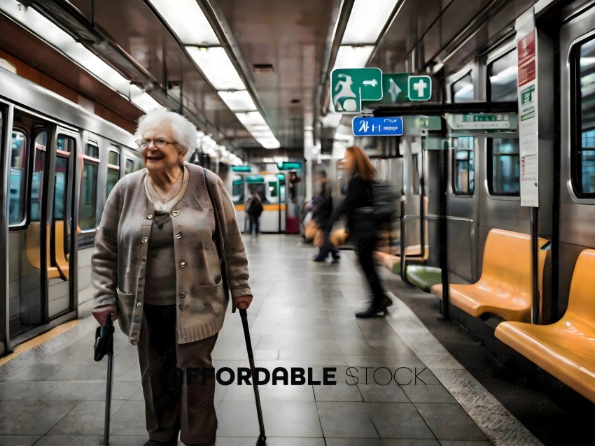 Elderly Woman with Cane and Purse Waiting for Subway