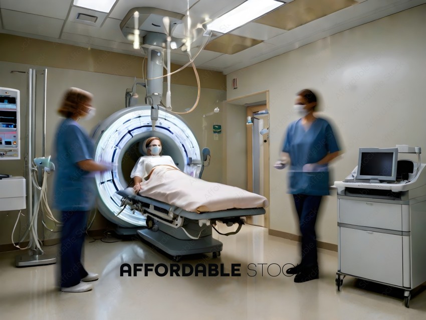 Three medical professionals in blue scrubs are in a hospital room with a patient on a MRI machine