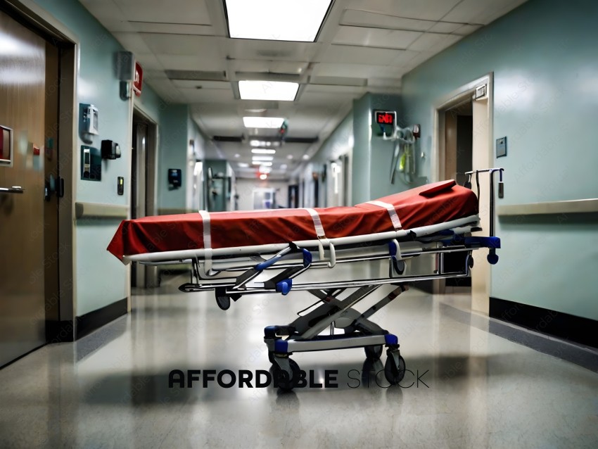 A red hospital bed is parked in a hospital hallway