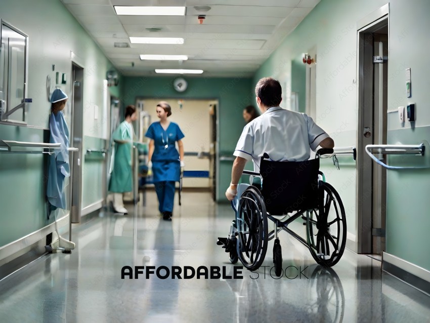 Man in wheelchair in hospital hallway