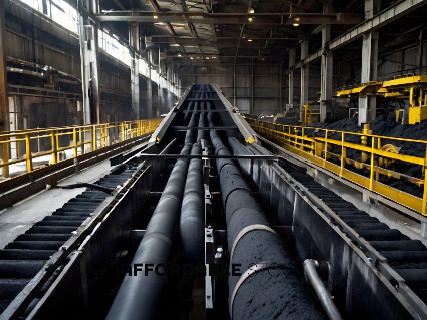 A long black pipe is being pulled through a factory