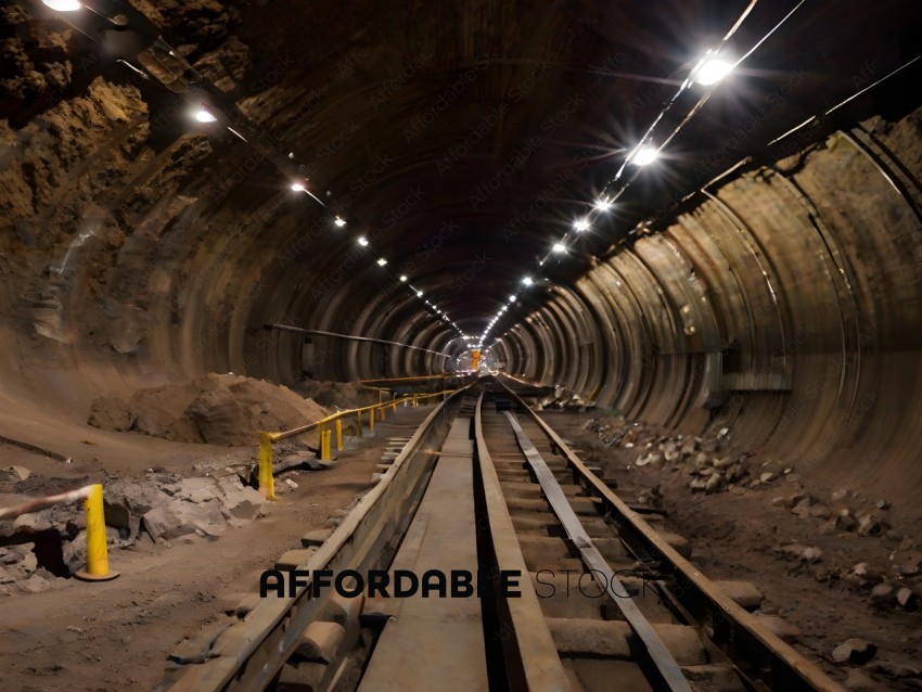 A train tunnel with a train going through