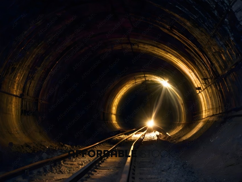A train tunnel with a light shining through