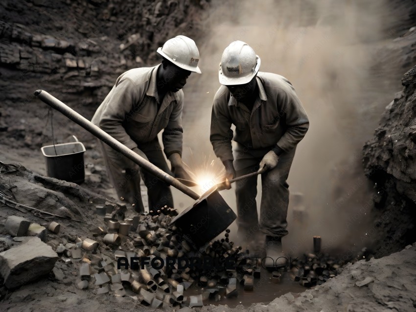 Two men working with metal in a dirt pit