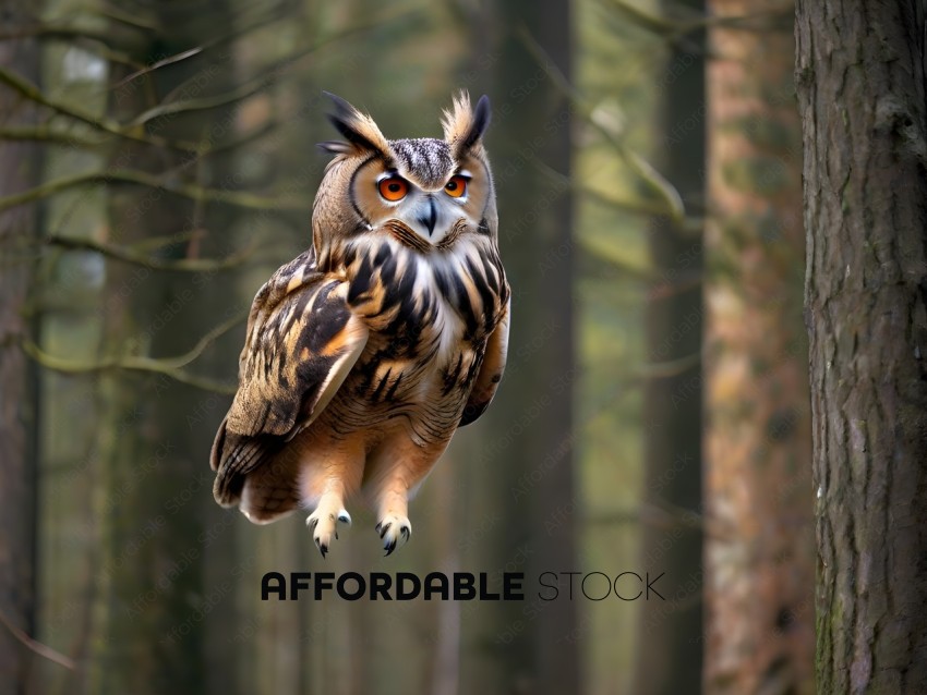 Owl in flight with orange eyes