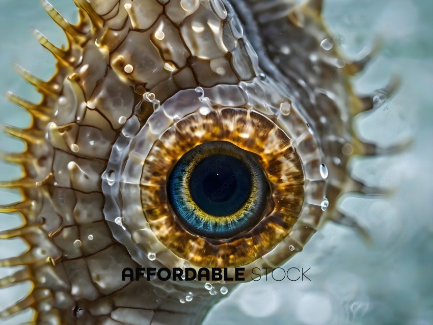 A close up of a fish's eye with a blue and yellow iris