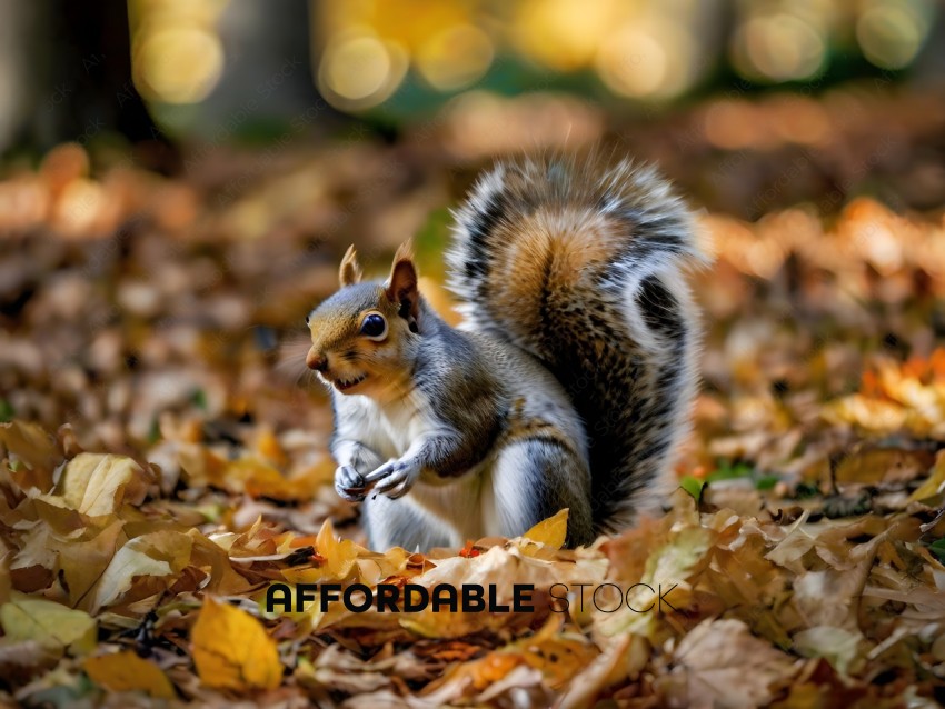 A squirrel in the woods with leaves on the ground