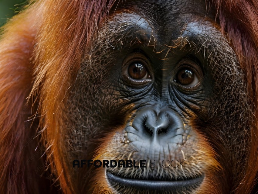 A close up of a brown and black orangutan's face