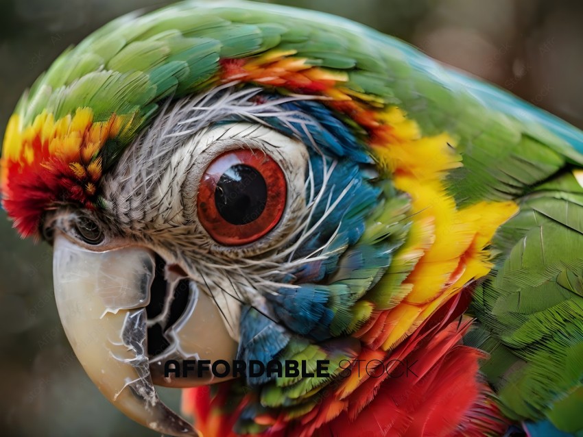 A close up of a colorful parrot's face