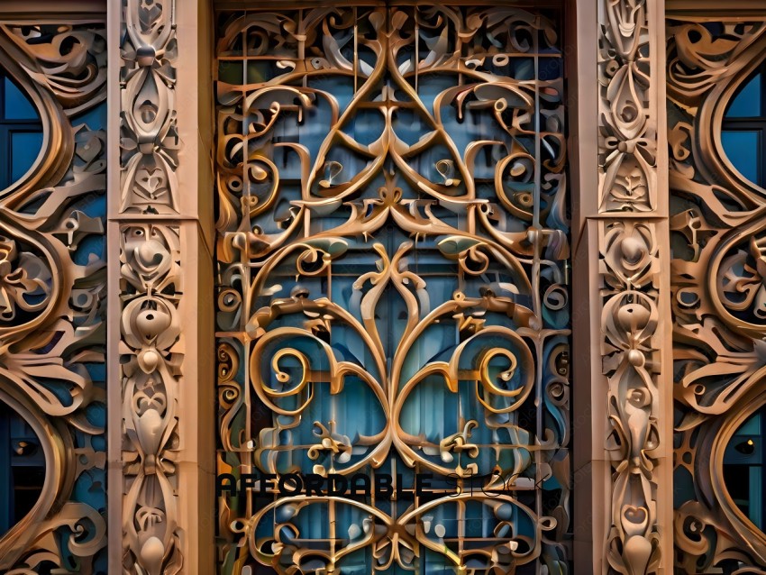 A decorative door with blue and gold designs