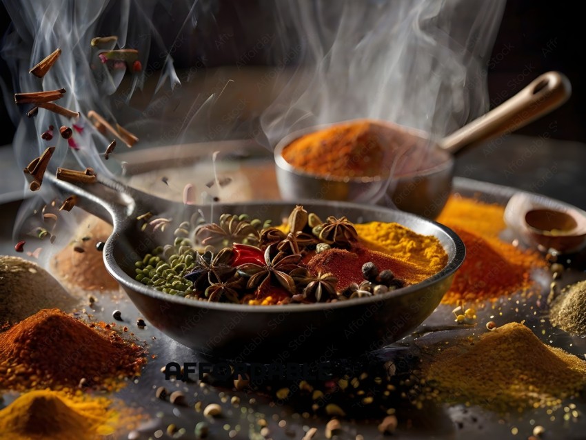 A bowl of spices and herbs with a wooden spoon