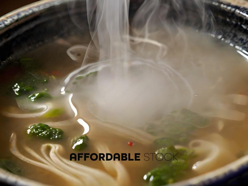 Steaming bowl of soup with green vegetables