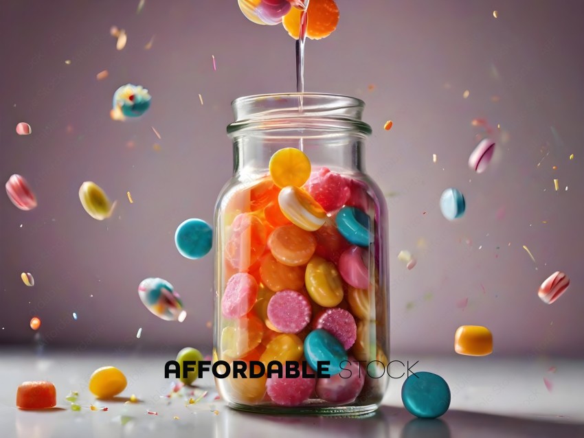 A jar of colorful candies with a spoon in it