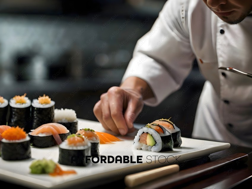 A chef preparing sushi rolls with fresh ingredients
