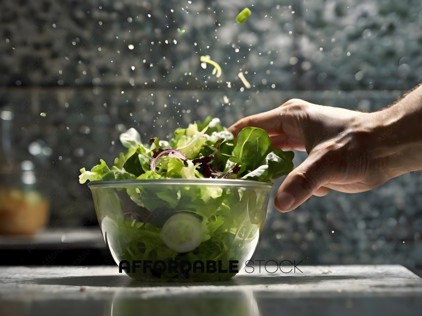 A person is reaching into a bowl of salad